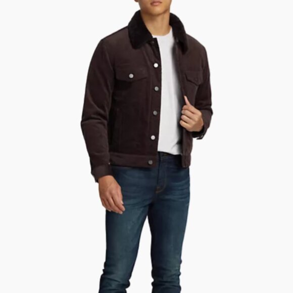 THEORY NEIL STRETCH CORDUROY TRUCKER JACKET WITH SHEARLING COLLAR MINK